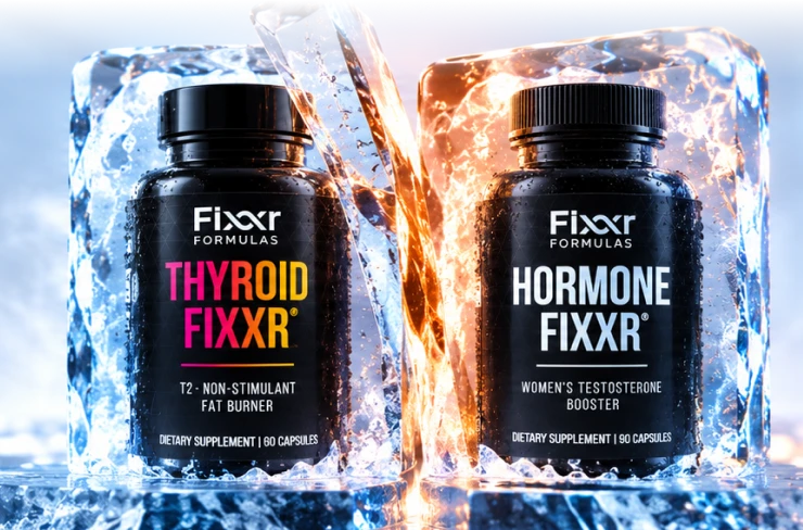 Thyroid Fixxr and Hormone Fixxr frozen in ice with a free travel pill case